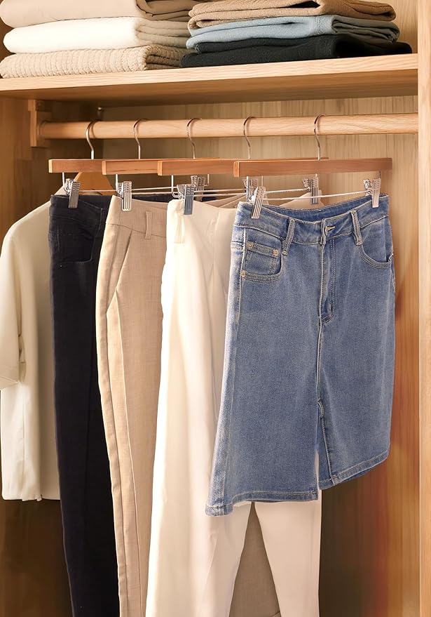 SMARTOR Natural Wooden Pants Hangers 10 Pack, Heavy Duty Wood Skirt Hangers with 2-Adjustable Clips and 360° Swivel Hook, Space Saving Clip Hanger for Shorts, Slacks, Jeans, Trousers