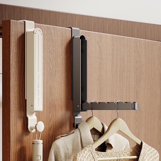 FEZHI Over The Door Drying Rack,Foldable Extensible Clothes Hanger with Fix Rod for Laundry,Over The Door Folding Rack for Clothing Coats Towels Hats (White)