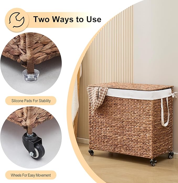 3-Section Laundry Hamper with Lid, Large Capacity Woven Natural Water Hyacinth Laundry Sorter with Removable Liners, Rolling or Non-Slip Design for Bedroom (Espresso, 155L)