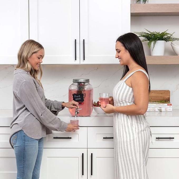 Le’raze 1 Gallon Glass Water Dispenser with Stainless Steel Spigot + Marker & Chalkboard, & Ice Cylinder - 100% Leakproof Beverage Mason Jar Drink Dispenser Gallon Jug - Laundry Detergent Holder.