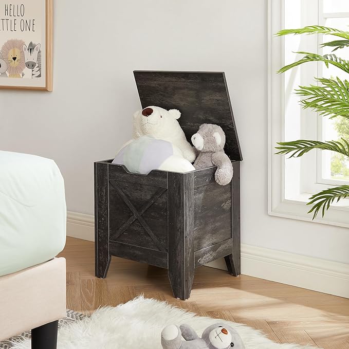 VECELO 17.7" Storage Bench, Entryway Shoe Ottoman, Farmhouse Style Bench with Handwoven Cushion and Metal Safety Hinges, for Bedroom, Living Room, Entryway, Gray
