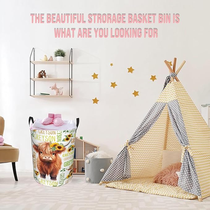 Highland Cow Laundry Basket,Personalized Laundry Hamper for Boys Girls,Custom Laundry Basket With Name, Customized Dirty Clothes Hamper for Bathroom Bedrooms,M-19.5"X 15.7"