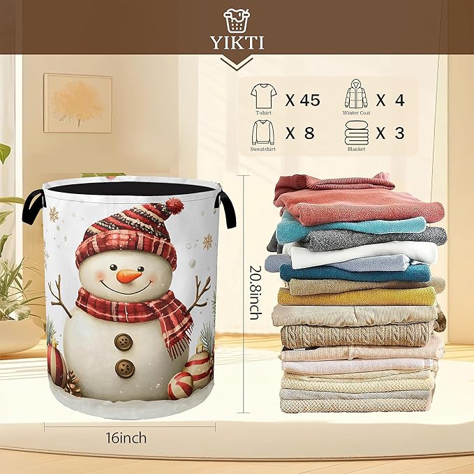 Christmas Snowman Laundry Hamper,Gold Snowflake Ornaments Clothes Hamper for Laundry,Waterproof Oxford Toy Storage Collapsible Hampers for Bedroom, Dorm Room,Bathroom,16x20 Inch