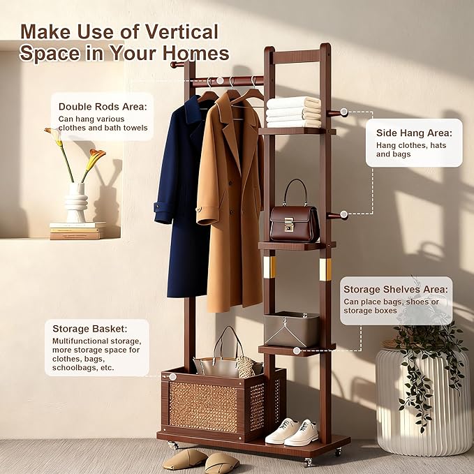 Solid Wood Clothes Rack with Wheels, Freestanding Coat Rack with 4 Shelves, 4 Side Hooks & Storage Basket, 4-IN-1 Clothing Rack Heavy Duty Clothes Hanger Stand for Clothes Garment Wallets Hats