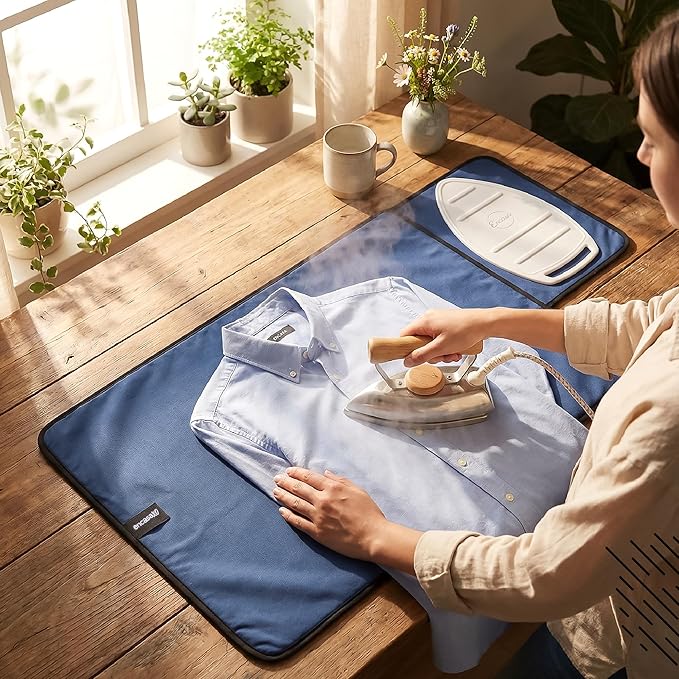 Encasa XO Ironing Mat/Pad (Small 28"x20") with 3mm Padding, Anti-Skid Design & Silicone Iron Rest for Steam Pressing on Tabletop or Bed - Heat Resistant, Portable, Quilting & Travel Blanket - Cobalt
