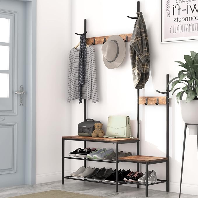 CharaVector Hall Tree Coat Rack Shoe Bench, Industrial Design, 3-in-1, Rustic Brown