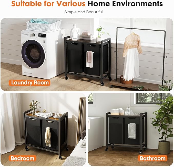 NEWBULIG Rolling Laundry Hamper with Removable Pull-Out Bag, Freestanding Clothes Basket Organizer with Wheels for Bathroom & Bedroom, 2 × 12.2 Gal (92L) - Rustic Brown & Black