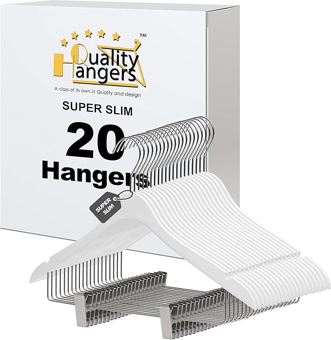 20 Luxury Ultra Thin Space Saving Wooden Skirt Pant Hanger with Adjustable Clips Best for Skirts, Pants, Shirts, Blouses, Dress, Hangers (White - Skirt/Blouse, 20)