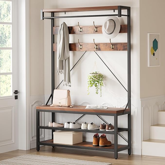 Industrial Hall Tree with Shoe Bench & Coat Rack - 8 Hooks, Storage Shelf & Hanging Bar for Entryway, Rustic Brown Wood Look Accent Furniture