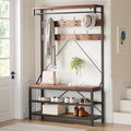 Industrial Hall Tree with Shoe Bench & Coat Rack - 8 Hooks, Storage Shelf & Hanging Bar for Entryway, Rustic Brown Wood Look Accent Furniture