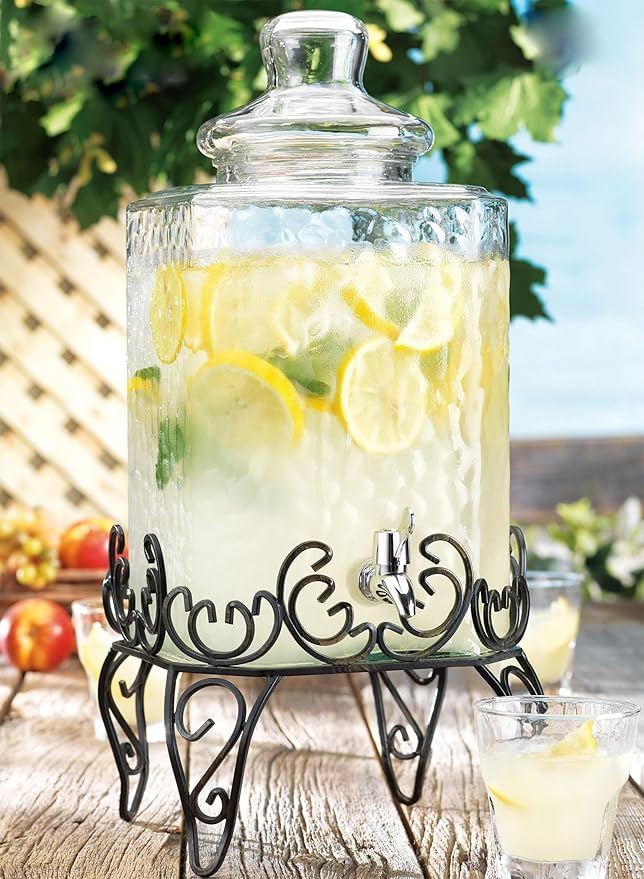 MosJos 2.5 Gallon Classic Hammered Glass Beverage Dispenser with Elegant Stand - Glass Drink Dispenser with 100% Leak Proof Spigot, Party Drink Dispensers for Lemonade, Punch, Water, Juice