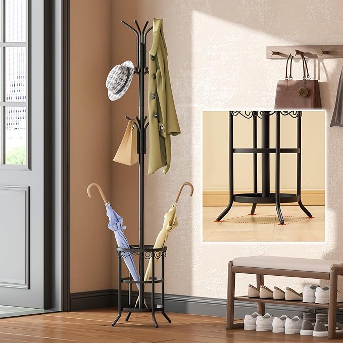 GHWIE Freestanding Coat Rack Stand with Umbrella Holder and Hat Hanger Organizer Rack