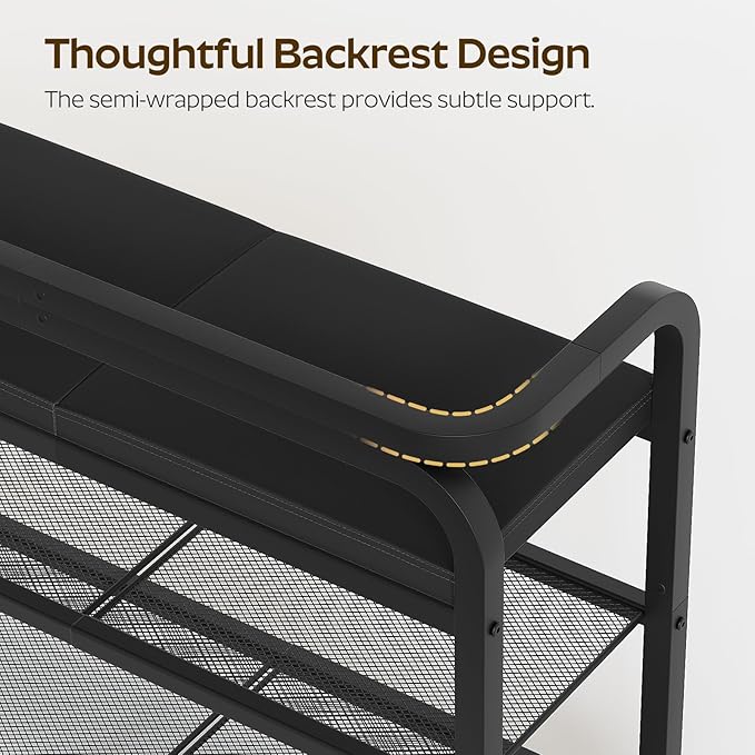 Shoe Bench with Backrest, Entryway Bench, 2-Tier Shoe Rack with PU Padded Seat, Upholstered Shoe Storage Bench with Back, for Hallway, Entryway, Foyer, Bedroom, Black HX04BB
