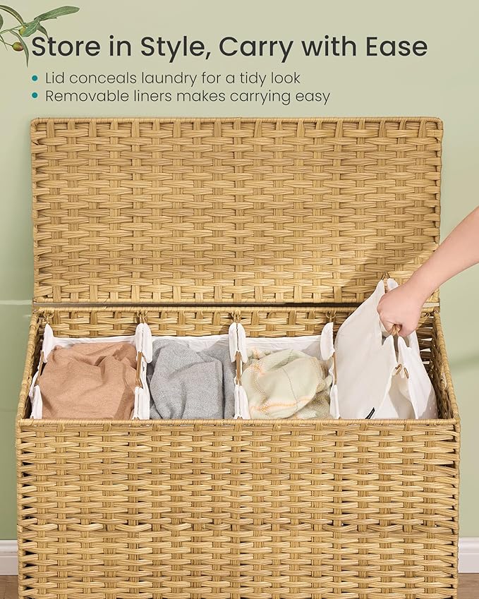 SONGMICS Laundry Hamper with Lid, 55.4 Gal. (210 L) PE Rattan Laundry Basket with Lid and Handles, Natural Material,Removable Machine Washable Liner, Goose Yellow ULCB224YE01