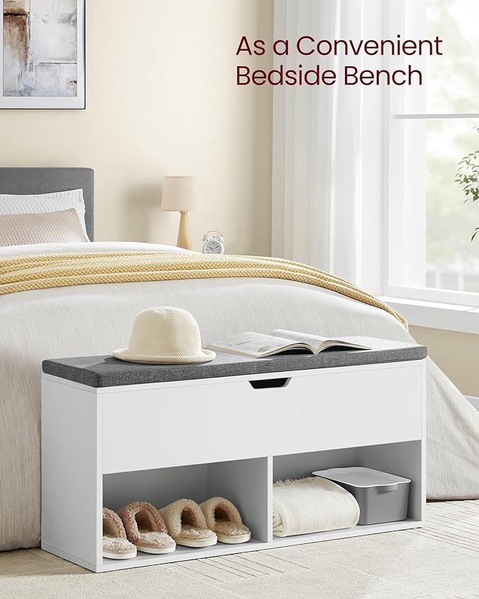 VASAGLE Shoe Storage Bench with Cushion, Entryway Shoe Rack Bench with Storage, 2 Open and 1 Hidden Compartments, for Living Room, Bedroom, White and Gray ULHS021W01