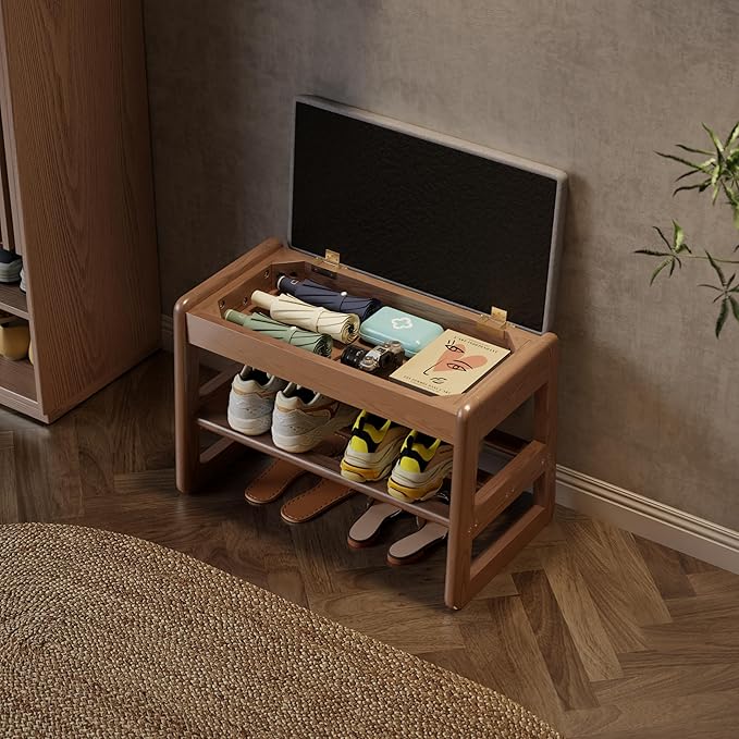 AQIMUELE Small Shoe Rack Bench,2 Tiers Shoe Bench with Storage with Flip-Top,Wood Shoe Rack for Entryway,Hallway（Walnut Upholstered Seat）