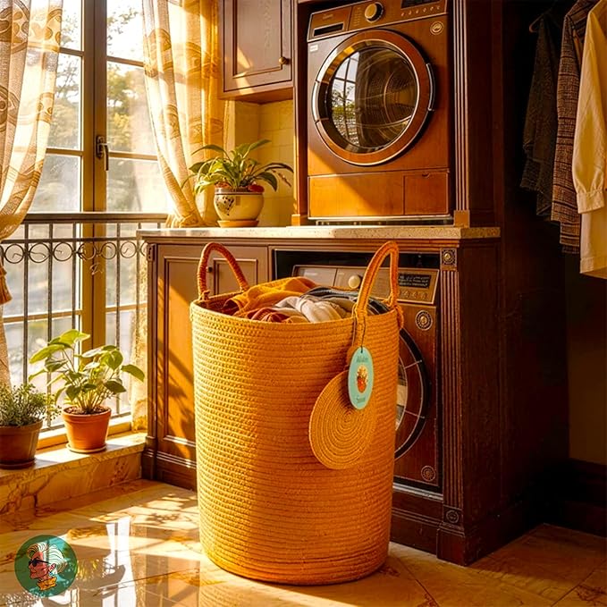 Modern Granny Extra Large Cotton Rope Laundry Hamper 16x22 Inch Dual Secure Woven Handle for Living Room Closet Clothes Blanket Organization