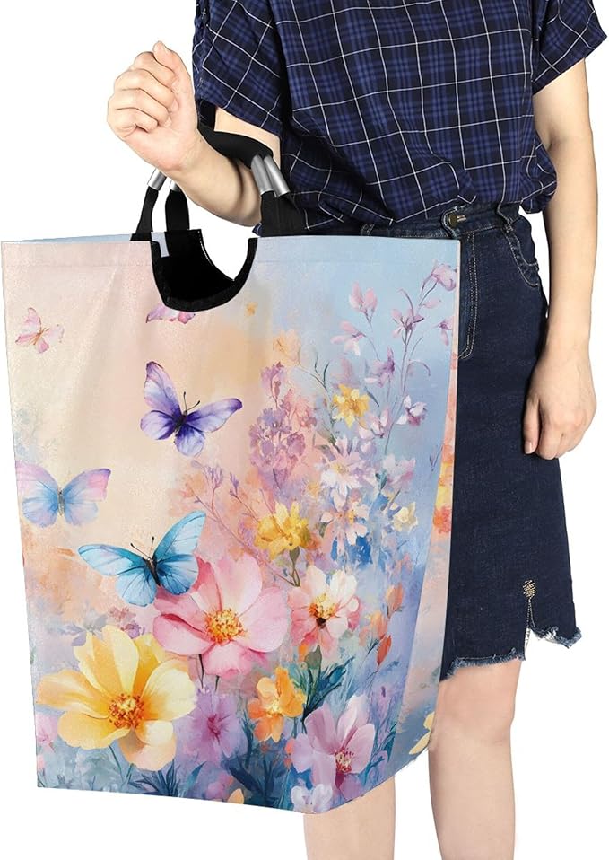 xigua Colorful Flowers and Butterflies Large Laundry Hamper with Handle, Foldable Clothes Hamper Collapsible Storage Basket for Toys and Clothes Organization in Bedroom, Bathroom, and Laundry Room