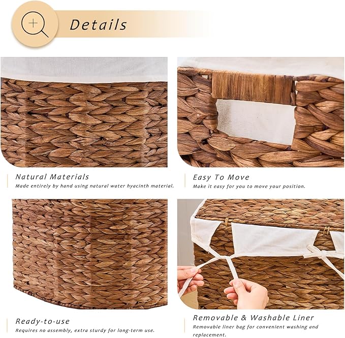 Water Hyacinth Laundry Hamper with lid, Half Moon Shape with 2 Removable Cloth Bags, Handwoven Boho Wicker Basket for Laundry Organization, Espresso