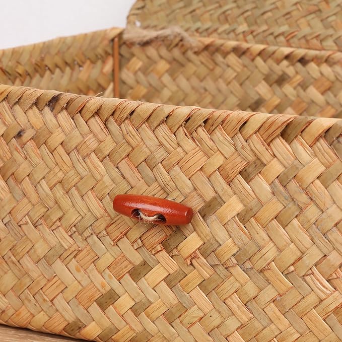 Wicker Shelf Baskets with Lid,Handwoven Seagrass Basket for Storage Basket Bins Rectangular Home Organizer Gift Boxes (Natural Small)