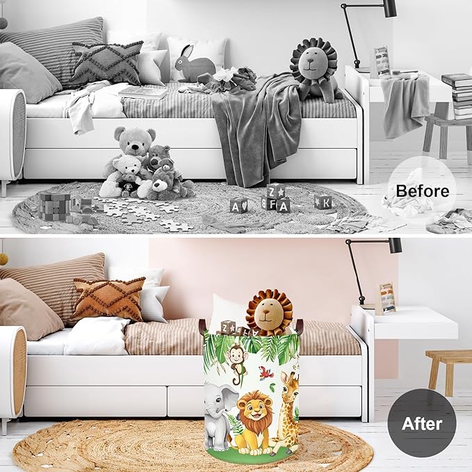 Clastyle Safari Animal Laundry Basket Leaf Kids Clothes Book Storage Basket Gift Toy Box for Bedroom Decor,Elephant Lion Giraffe,36x45 cm