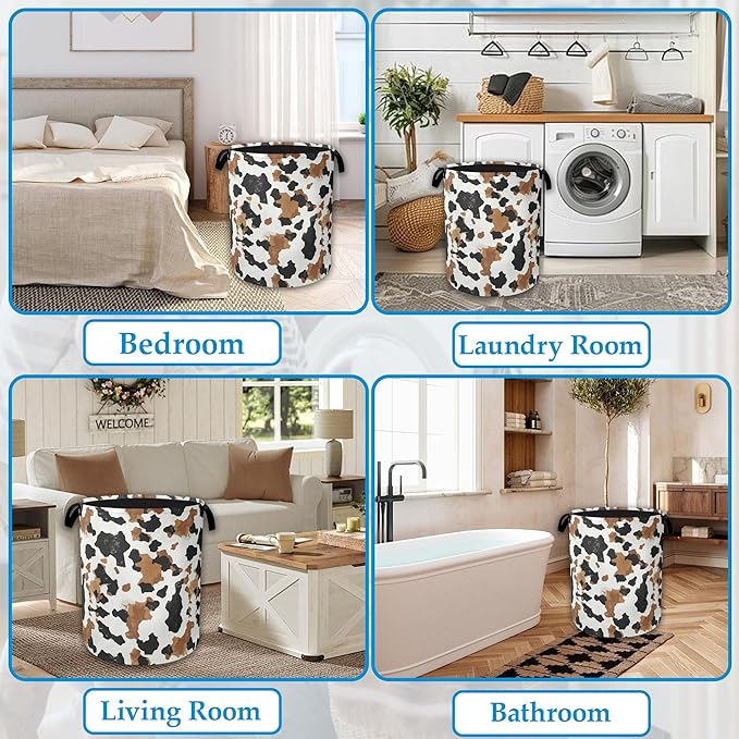 Cows Skin Brown Laundry Basket Collapsible Oxford Organizer Basket for Storage Bin Toy Bins Gift Baskets Bedroom Clothes Children Nursery Hamper 16" X 20.8"