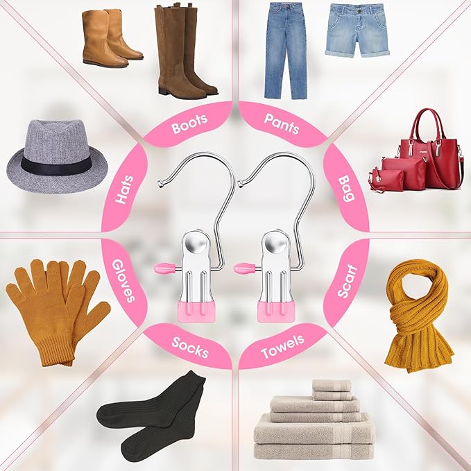 100 Pack Boot Hangers Clips for Closet, Heavy Duty Legging Organizer for Closet Hanging Pants Hangers with Clips Clothes Pins Hanger Clips Laundry Hooks Towel Socks Hats Tall Boots Home Travel Pink