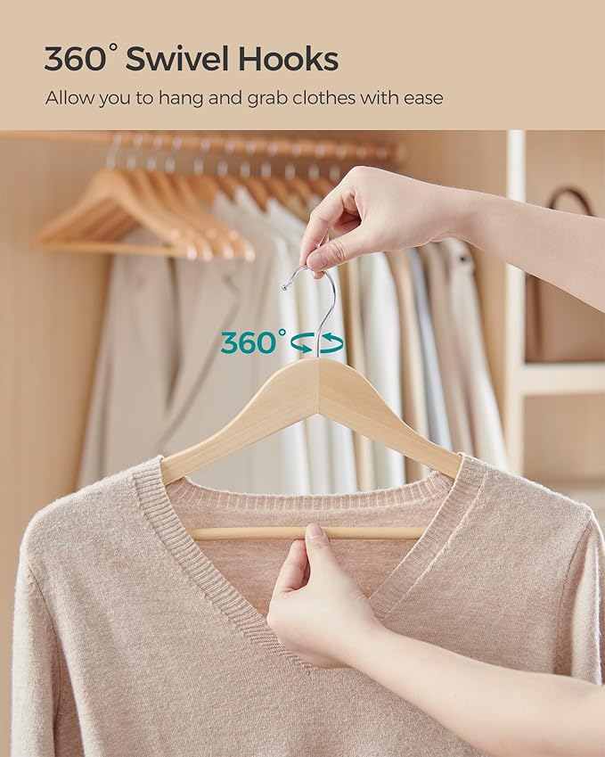 SONGMICS Wooden Hangers, Pack of 36, Coat Hangers, Non-Slip, Pants Bar, 360° Swivel Hooks, for Jackets, Shirts, Coats, Natural Wood UCRW010N36