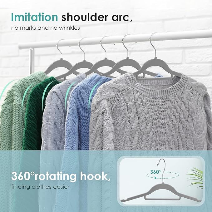Velvet Hangers Non Slip Felt Hangers, 30 Pack Grey Velvet Clothes Hangers Space Saving Slim with 360 Degree Swivel Hook for Suits Coats, Jackets, Pants, and Dress Clothes