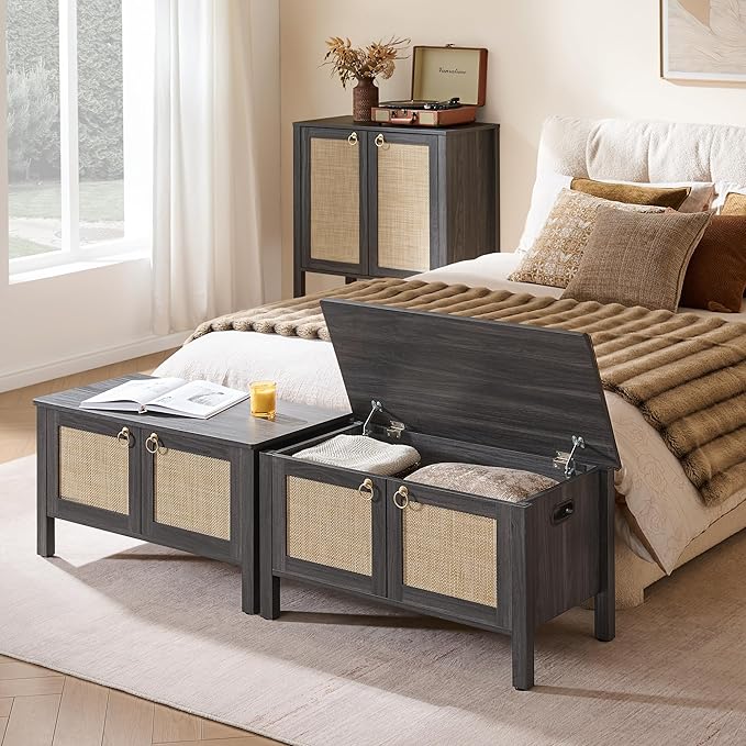 SICOTAS Shoe Rack Bench Entryway Bench with Lift Top Storage: Rattan Shoe Cabinet Bench with Safety Hinges, Farmhouse Boho Wooden Storage Chest for Bedroom, Entryway, Hallway, Living Room