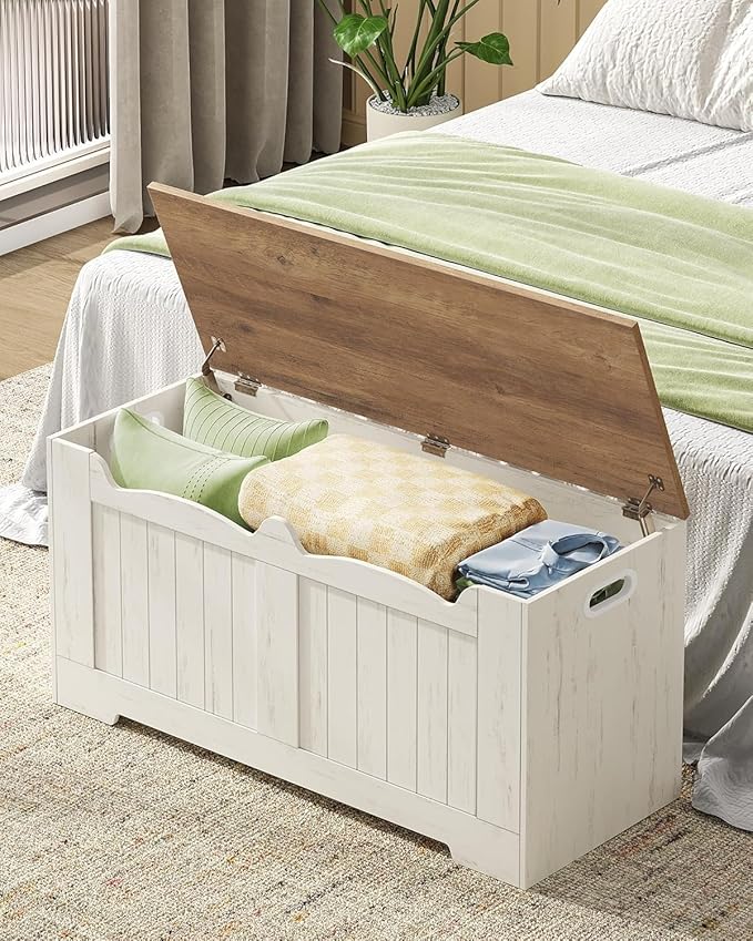 39.4" Storage Chest, Storage Bench Trunk with 2 Hinge, Wooden Box, Lift-Top Chest Organizer, Shoe Bench for Entryway, Bedroom, Living Room, White and Brown SB01014B