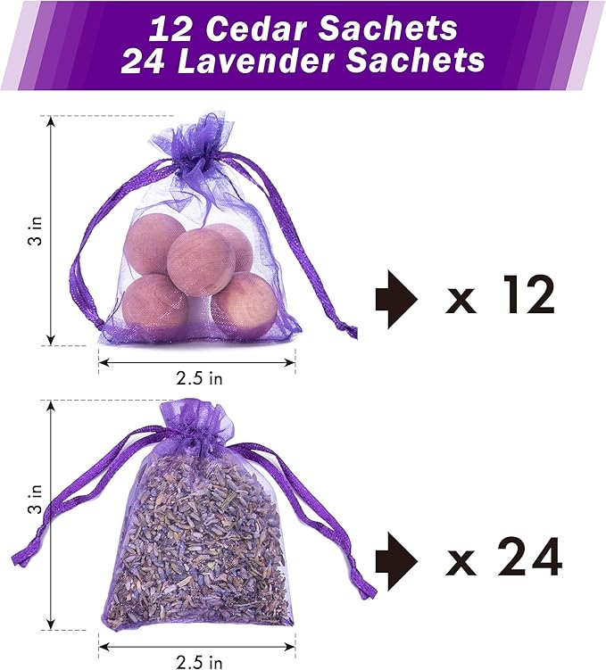 Pack of 36 Lavender Cedar Sachets Bag - 24 Lavender, 12 Cedar for Closet, Drawer, Dresser, Wardrobe and More, LV-D-LC-2