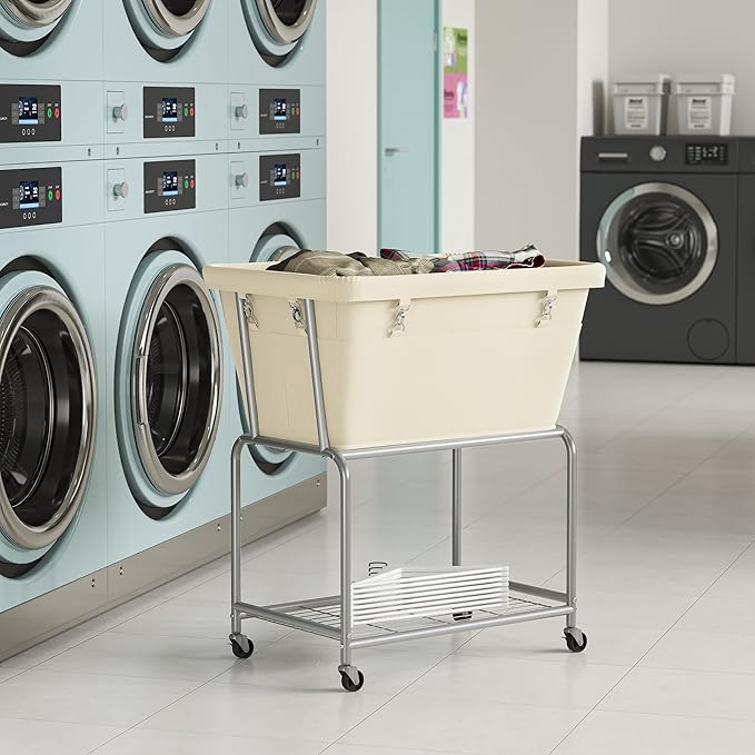 ELYKEN Rolling Laundry Hamper with Wheels, 32-Gallon (122L) Laundry Cart with Removable Bag, 2-Tier Clothes Basket Hamper with Shelf for Closet, Bedroom, Bathroom, Laundry Room, Cream