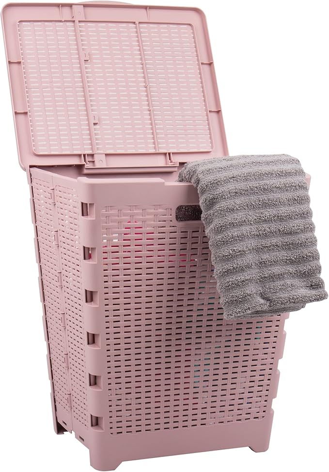 Mind Reader 61L Foldable Laundry Hamper, Clothes Basket, Lid, Wicker Design, Plastic, 18"L x 14.5"W x 21.25"H, Pink