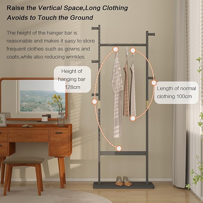 CHANCEE Solid Wood Coat Rack, Freestanding Clothes Rack with Shoe Storage, Heavy-Duty Hall Tree with 5 Hooks, Corner Coat & Hat Stand for Bedroom, Entryway, Living Room, Hotel