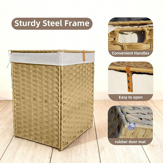Wicker Laundry Hamper with Lid,34 Gal(130 L) Rattan Laundry Basket 2 Sections with Lid, Removable Machine Washable Line, Large Clothes Hamper with Handles for Bathroom Bedroom, Yellow
