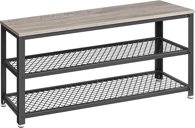 VASAGLE 3-Tier Shoe Rack, Shelf Storage Bench with Metal Mesh Shelves and Seat, Free Standing Shoe Organizer for Entryway, 11.8 x 39.4 x 17.7 Inches, Greige and Black ULBS078K01