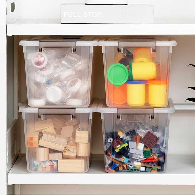 Citylife 4 Packs Plastic Storage Bins with Latching Lids Clear Storage Box with handle Stackable Storage Containers for Organizing Toys, Crafts, Tools