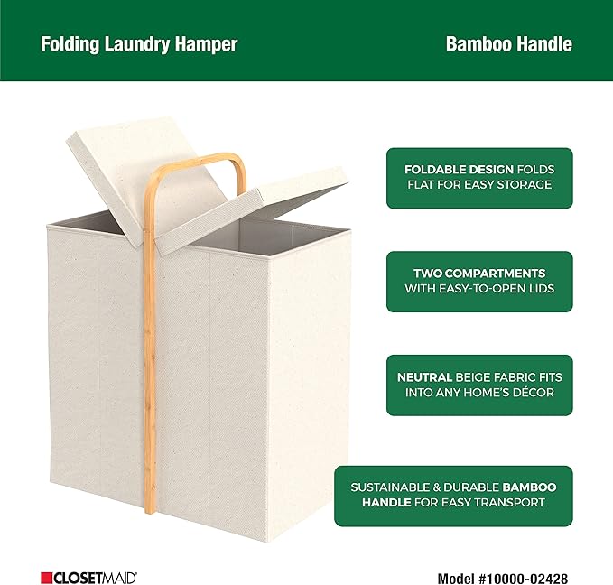 ClosetMaid Laundry Hamper Basket, Foldable with Lid, Two Compartments, Bamboo Handle, Portable, Collapsible Design, Freestanding, Beige
