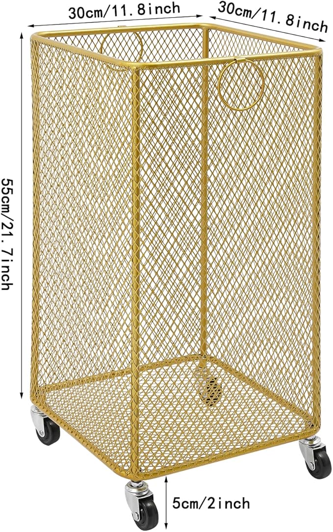 Wire Metal Rolling Laundry Basket On Wheels,Mesh Wire Laundry Basket Storage Cart for Bathroom Bedroom Dirty Clothes Storage (A)