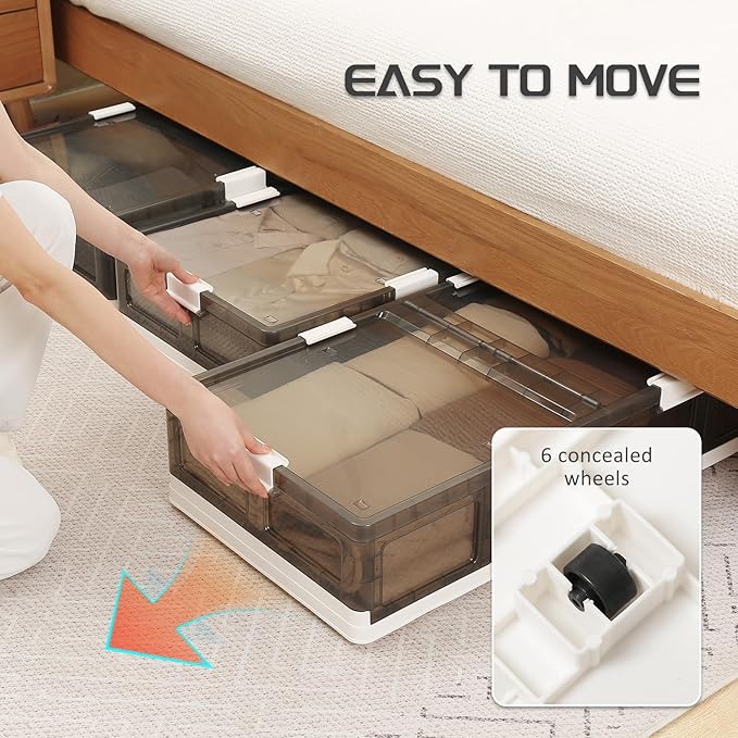 Under Bed Storage Containers with Wheels - Stackable, Foldable Plastic Storage Boxes with Lids for Clothes, Shoes, Blankets - Perfect for Bedroom Organization and Dorms (1 Pack-32.9''x16.1''x8.1'')