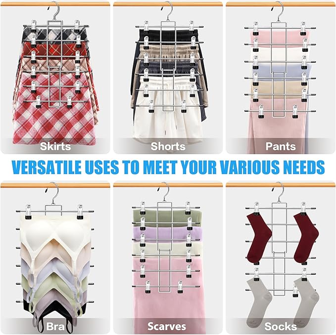 3 Pack Closet Organizers and Storage,6 Tiers Skirt Pants Hangers with Clips Space Saving for Home Organization and Storage,College Dorm Room Essentials for Girls Guys,Wardrobe Clothes Organizer