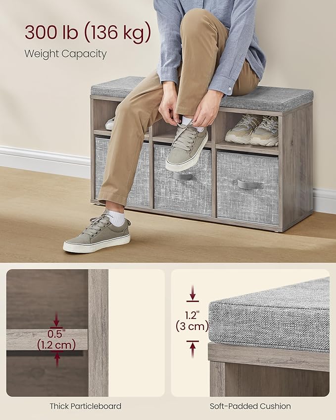 VASAGLE Shoe Bench with Cushion, Shoe Storage Bench with 6 Compartments and 3 Adjustable Shelves, Entryway Bench with 3 Storage Boxes, for Bedroom, Closet, Living Room, Heather Greige ULSB101K01