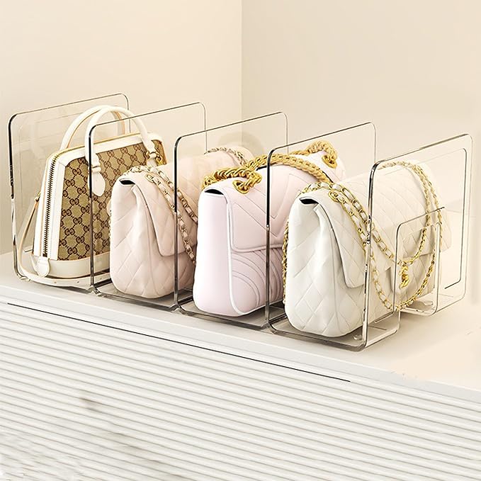 2 PCS Acrylic Purse Organizer for Closet, 8-Slot Bag & Purse Organizer, No Assembly, Clear Handbag Storage Shelf for Shelf Divider Handbags, Clothes, Sweater