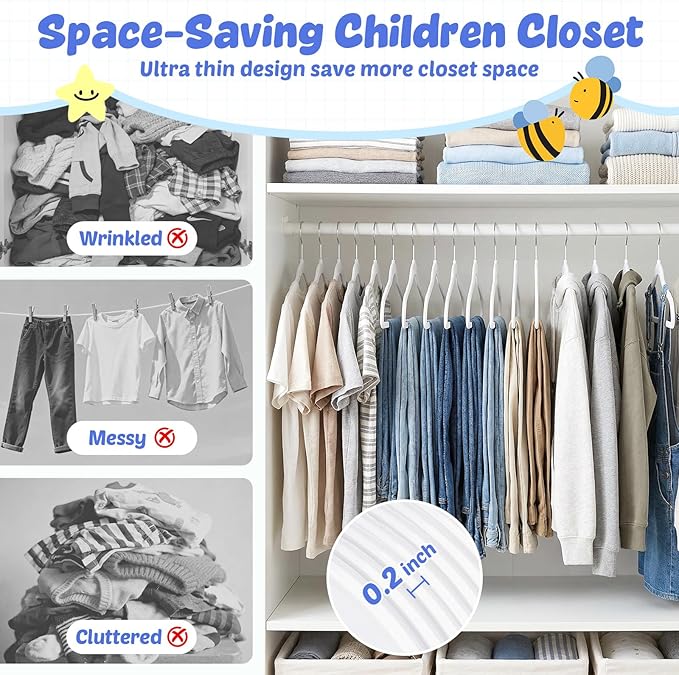 HOUSE DAY 13.5 Inch Kids Hangers 30 Pack - Premium ABS Plastic Clothes Hangers for Kids, Children, Preteens - Space Saving Thin Profile, Strong & Durable Hangers with 360° Swivel Hook - White