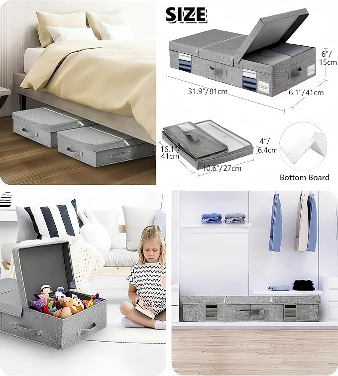 Under the Bed Storage Containers Bin with Lids, 2 pack Large Underbed Storage Organizer Box 6 Inch High with Clear Window and Zipper, Foldable Under Bed Must Haves for Clothes, Blankets, Shoes-Grey…