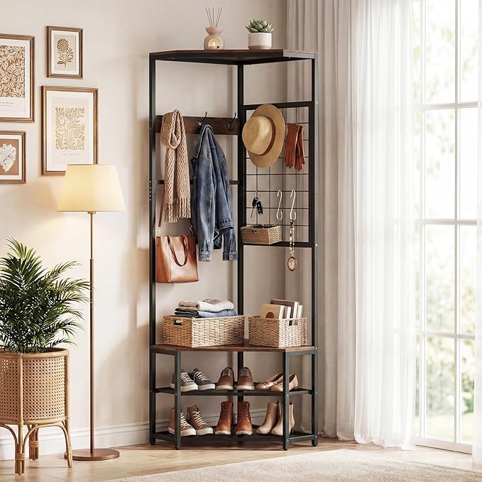 Giantex Corner Hall Tree with Shoe Bench, 4-Tier Freestanding Coat Rack with Hooks & 2-Tier Metal Wire Shoe Rack, Industrial Corner Storage Organizer for Entryway, Hallway, Bedroom