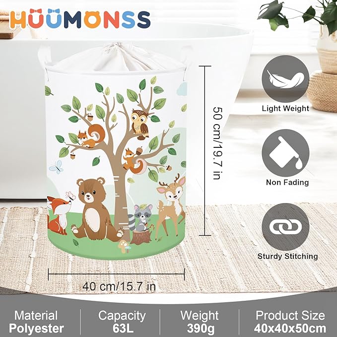 Forest Animals Laundry Hamper Woodland Tree Large Storage Basket Parents Organizer Kids Clothes Toy Bins for Bedroom, Bathroom, Squirrel, 63L