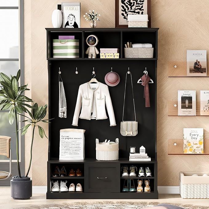 Modern Hall Tree with 6 Hooks, Coat Hanger, Entryway Bench, A Spacious Drawer, Two Adjustable Shelves, 3-in-1 Design Hall Tree for Entrance, Living Room (Black/333)