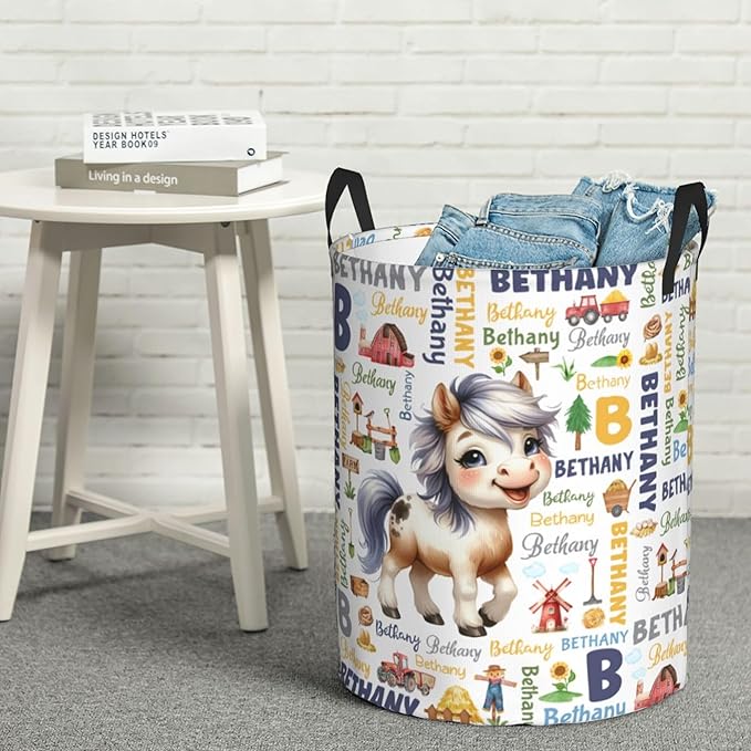 Personalized Farm Horse Laundry Basket For Baby Kids Boys Girls Adult Custom Hamper Basket With Name For Bathroom Bedrooms Collapsible Baby Laundry Basket, Dirty Clothes Hamper With Handles